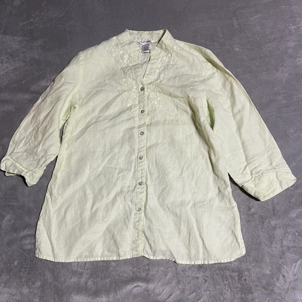 Vintage Richard Malcom Top Womens Large‎ Irish Linen Spring Green Embroidered
